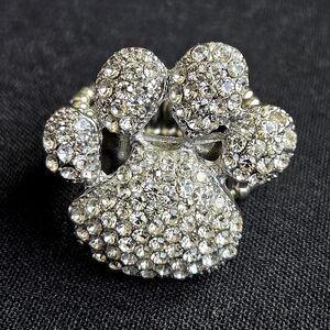 Paw Print Stretch Ring Pave Clear Rhinestones and Beaded Band in Silvertone